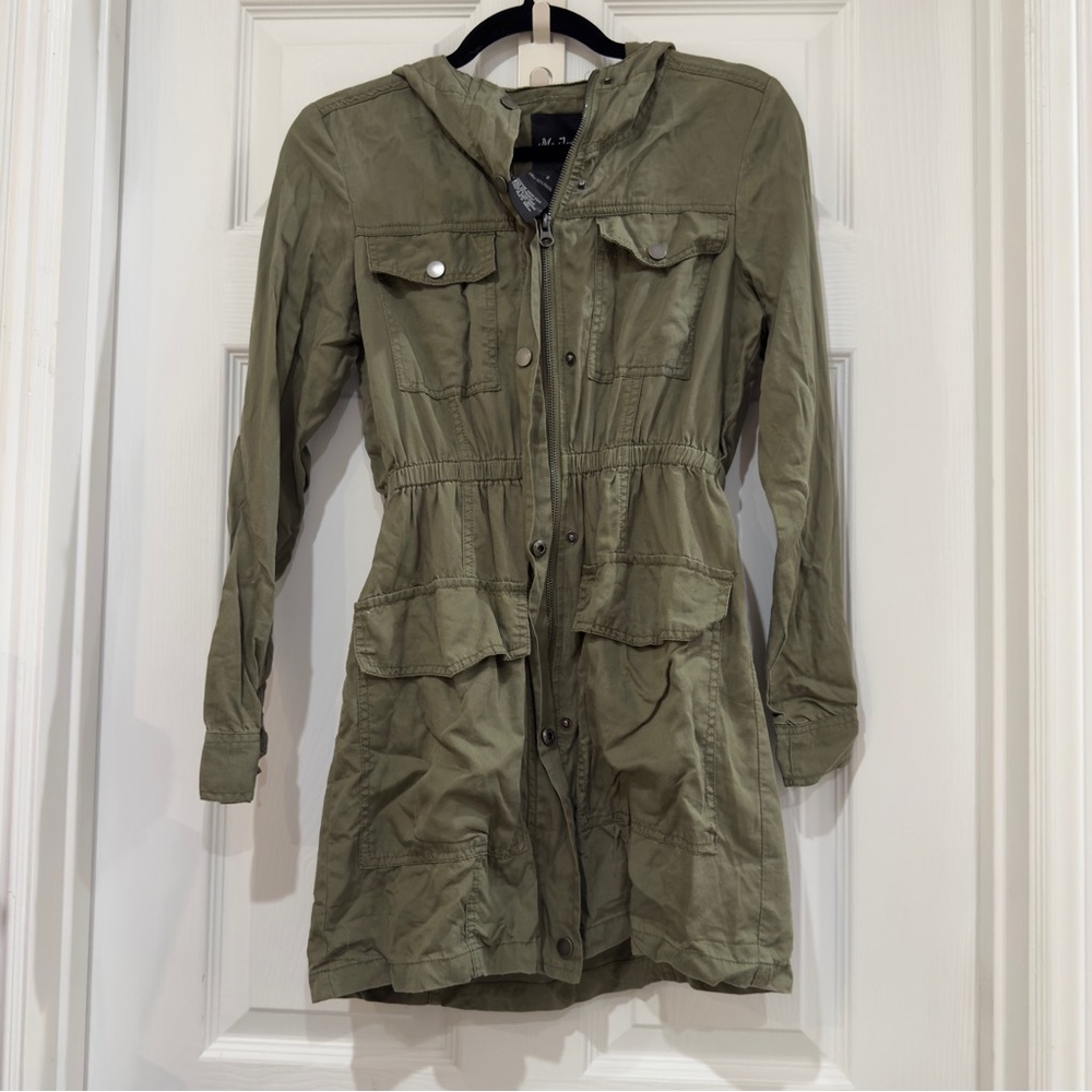 Hooded Olive Lightweight Long Jacket with Pockets
